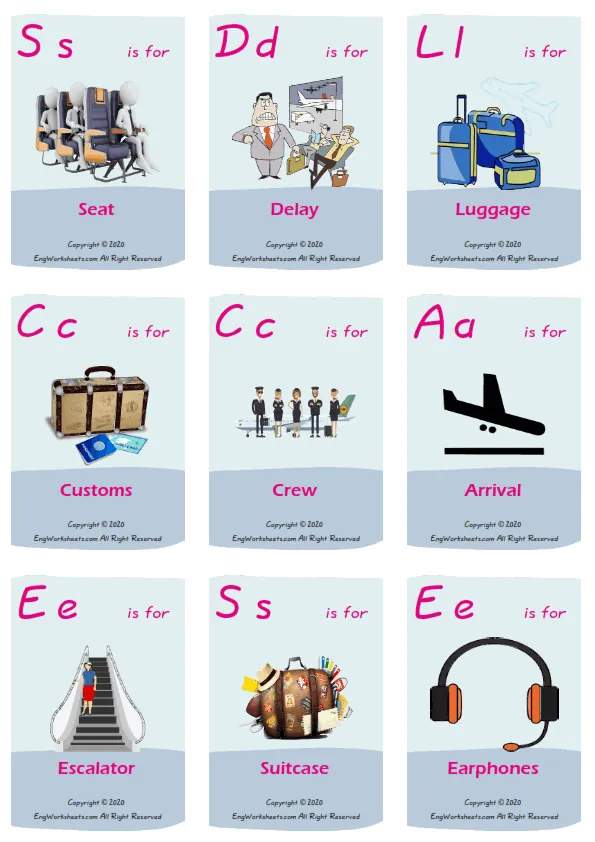 Airport vocabulary worksheet with words, nine images per page