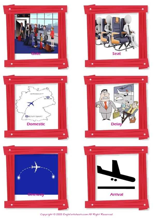 Airport vocabulary worksheet with words, six images per page Worksheet Preview