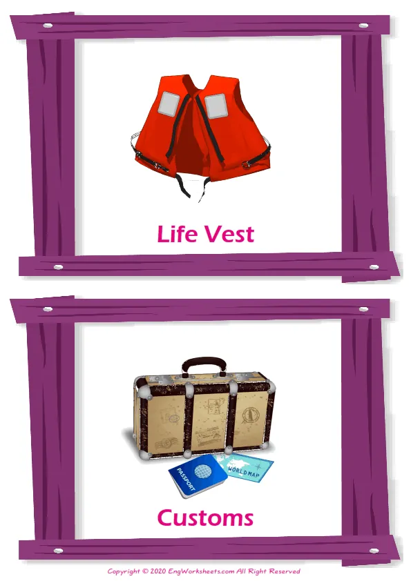 Airport vocabulary worksheet with words, two images per page