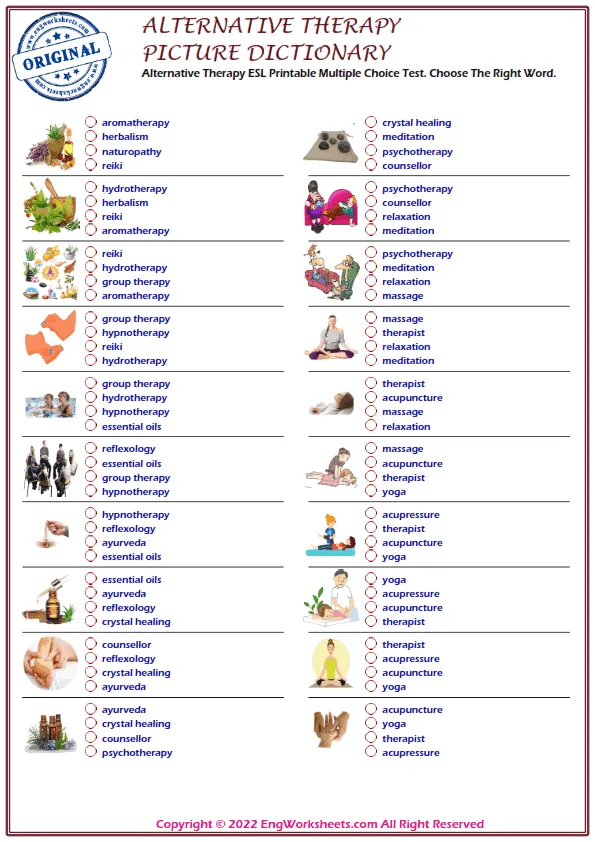 Alternative Therapy ESL Printable Multiple Choice Test. Choose The Right Word. Worksheet Preview