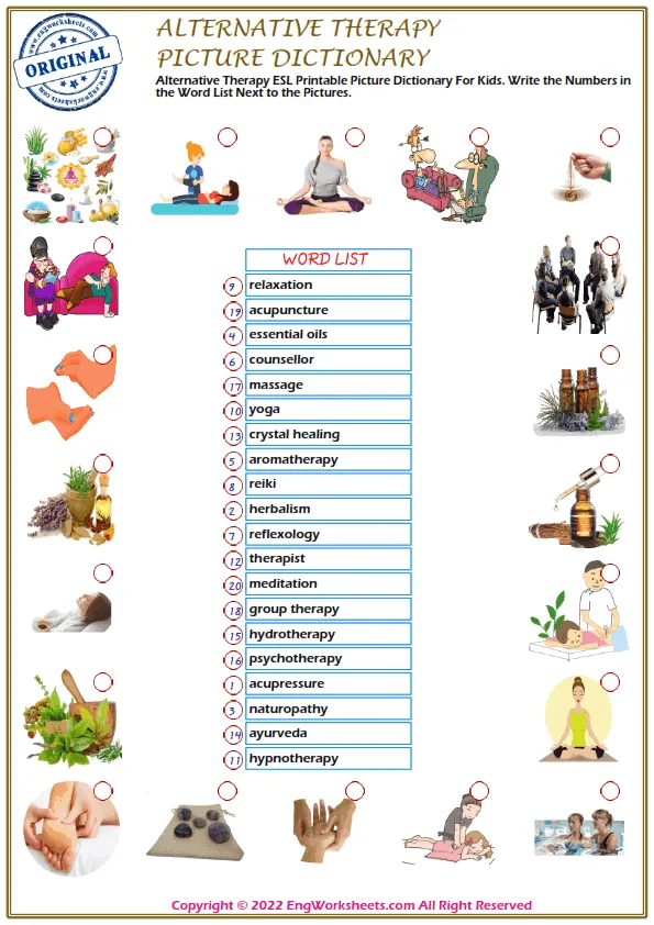 Alternative Therapy ESL Printable Picture Dictionary For Kids. Write the Numbers in the Word List Next to the Pictures. Worksheet Preview