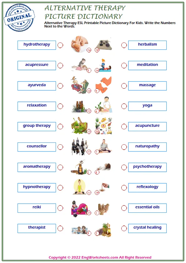 Alternative Therapy ESL Printable Picture Dictionary For Kids. Write the Numbers Next to the Words. Worksheet Preview