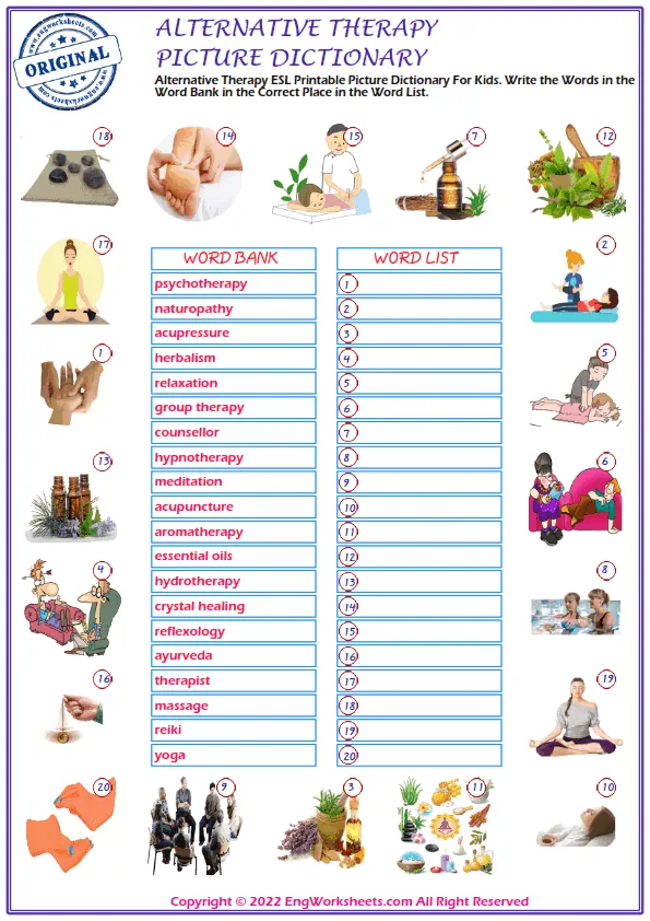 Alternative Therapy ESL Printable Picture Dictionary For Kids. Write the Words in the Word Bank in the Correct Place in the Word List. Worksheet Preview