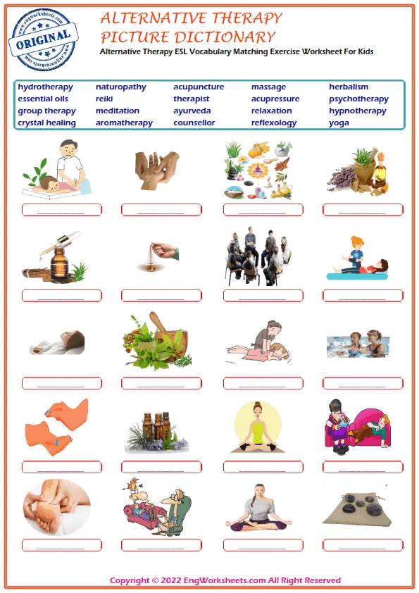 Alternative Therapy ESL Vocabulary Matching Exercise Worksheet For Kids Worksheet Preview