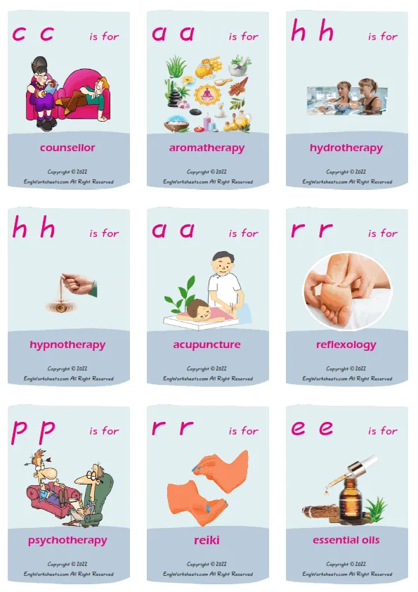 Alternative Therapy vocabulary worksheet with words, nine images per page Worksheet Preview