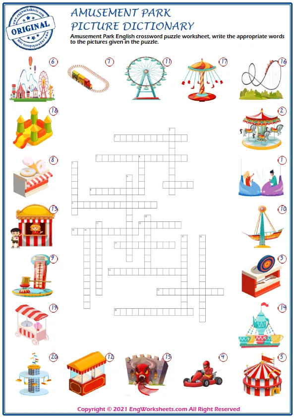 Amusement Park English crossword puzzle worksheet, write the appropriate words to the pictures given in the puzzle. Worksheet Preview