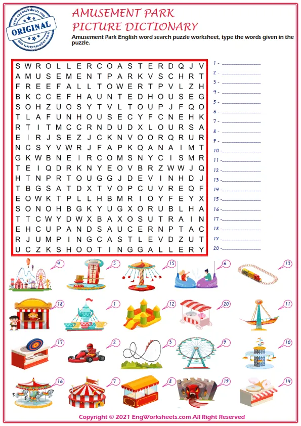 Amusement Park English word search puzzle worksheet, type the words given in the puzzle. Worksheet Preview