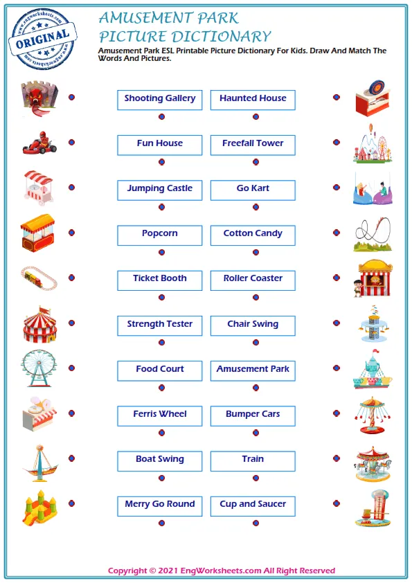 Amusement Park ESL Printable Picture Dictionary For Kids. Draw And Match The Words And Pictures. Worksheet Preview