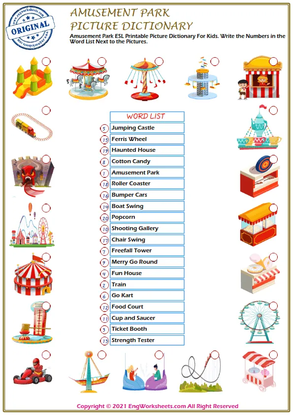 Amusement Park ESL Printable Picture Dictionary For Kids. Write the Numbers in the Word List Next to the Pictures. Worksheet Preview