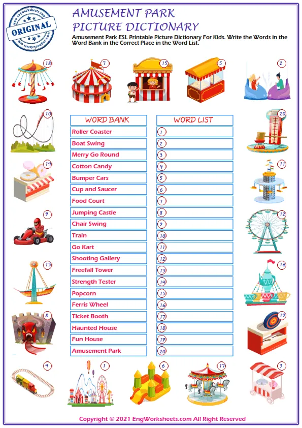 Amusement Park ESL Printable Picture Dictionary For Kids. Write the Words in the Word Bank in the Correct Place in the Word List. Worksheet Preview