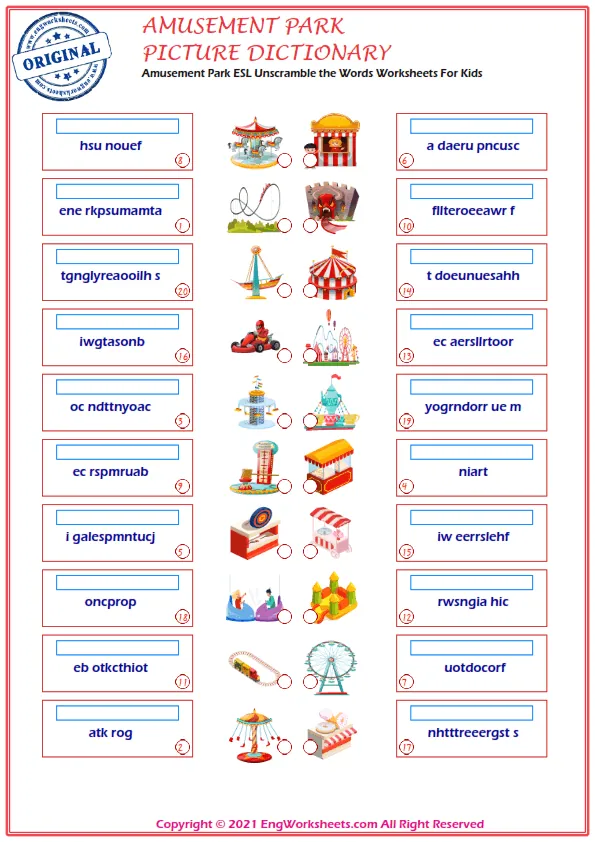 Amusement Park ESL Unscramble the Words Worksheets For Kids Worksheet Preview