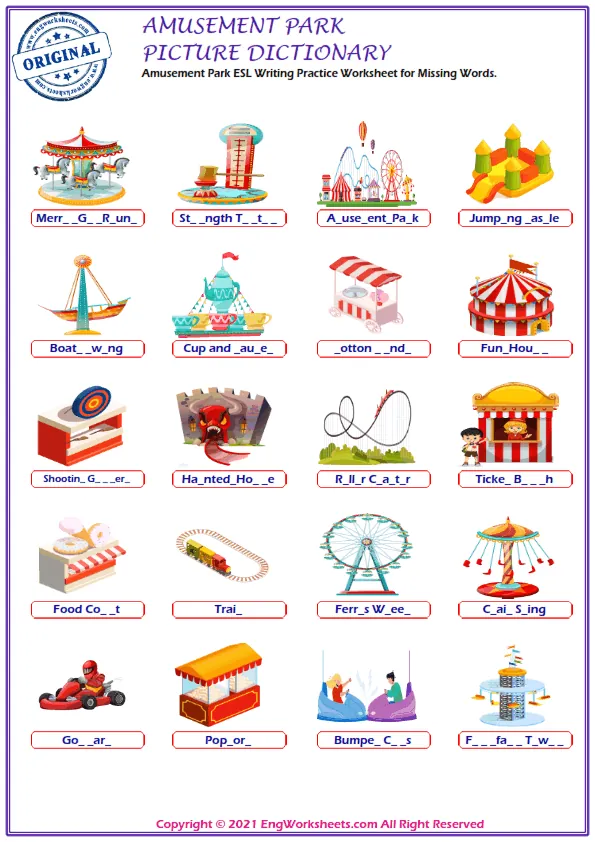 Amusement Park ESL Writing Practice Worksheet for Missing Words. Worksheet Preview