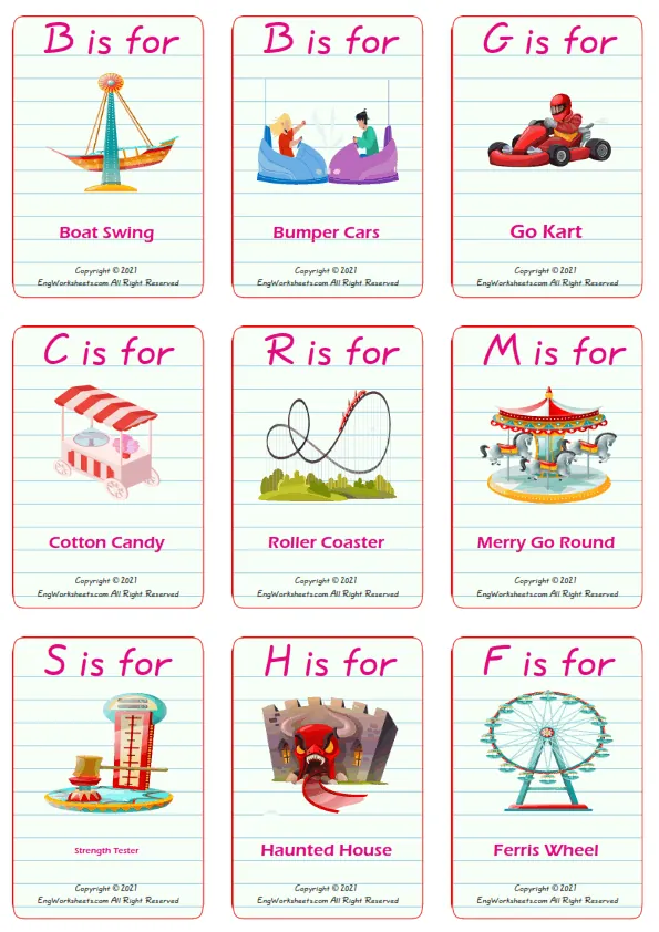 Amusement Park vocabulary worksheet with words, nine images per page Worksheet Preview