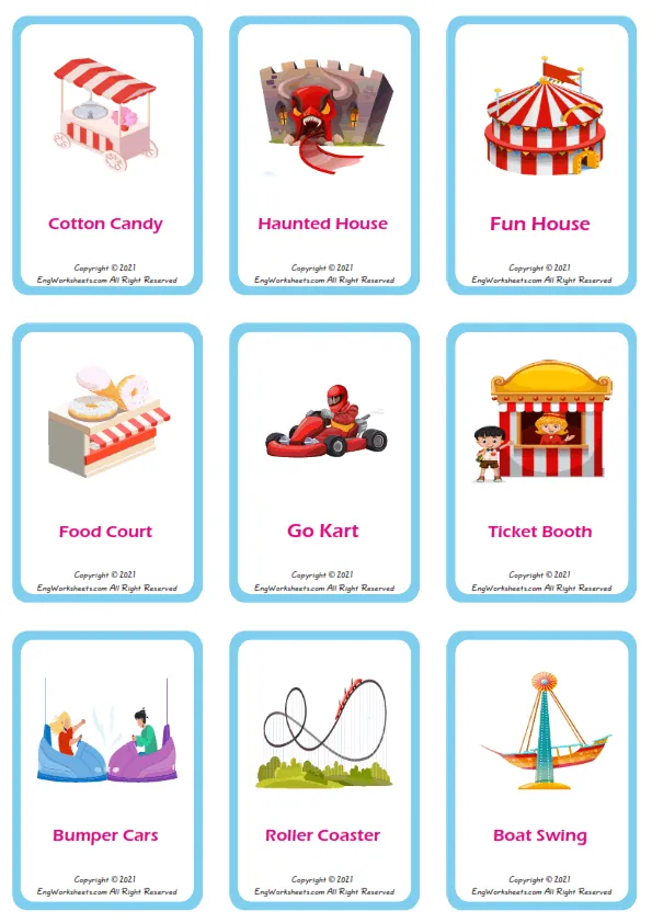 Amusement Park vocabulary worksheet with words, nine images per page Worksheet Preview