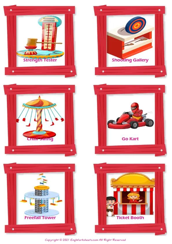 Amusement Park vocabulary worksheet with words, six images per page Worksheet Preview