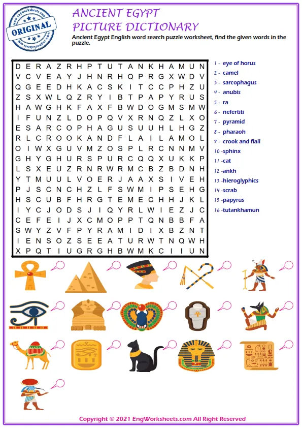 Ancient Egypt English word search puzzle worksheet, find the given words in the puzzle. Worksheet Preview