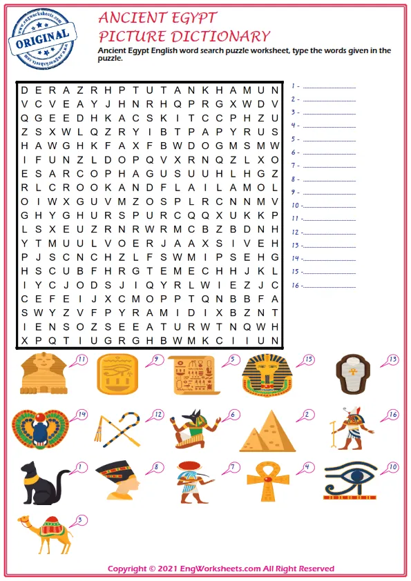Ancient Egypt English word search puzzle worksheet, type the words given in the puzzle. Worksheet Preview