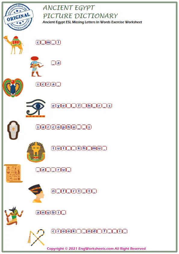 Ancient Egypt ESL Missing Letters In Words Exercise Worksheet Worksheet Preview