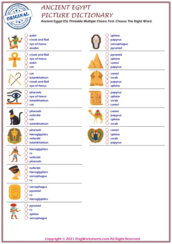 Ancient Egypt ESL Printable Multiple Choice Test. Choose The Right Word. Worksheet Preview
