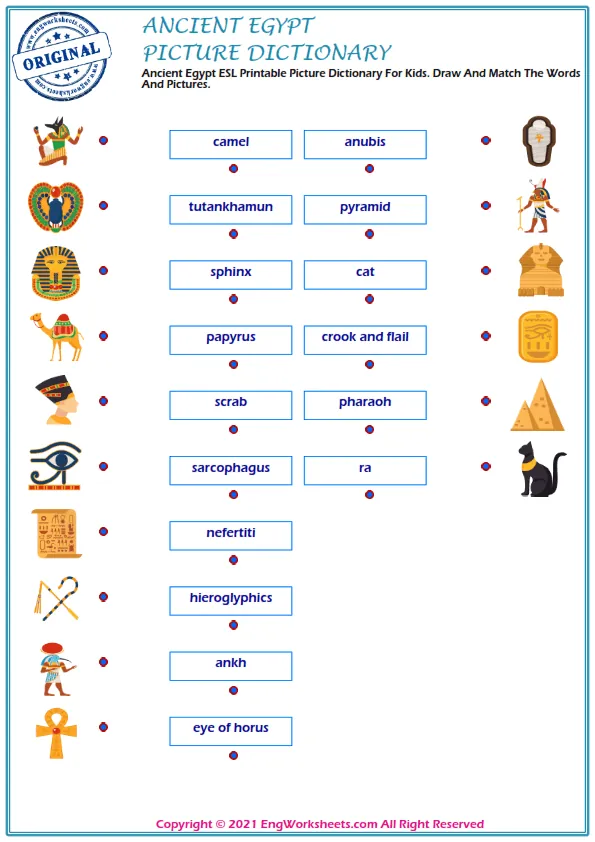 Ancient Egypt ESL Printable Picture Dictionary For Kids. Draw And Match The Words And Pictures. Worksheet Preview