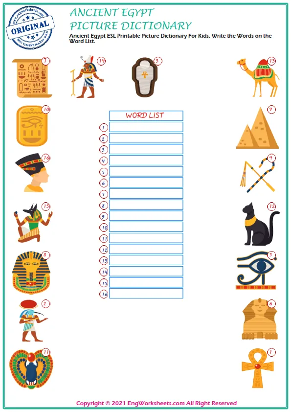 Ancient Egypt ESL Printable Picture Dictionary For Kids. Write the Words on the Word List. Worksheet Preview