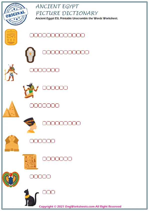 Ancient Egypt ESL Printable Unscramble the Words Worksheet. Worksheet Preview