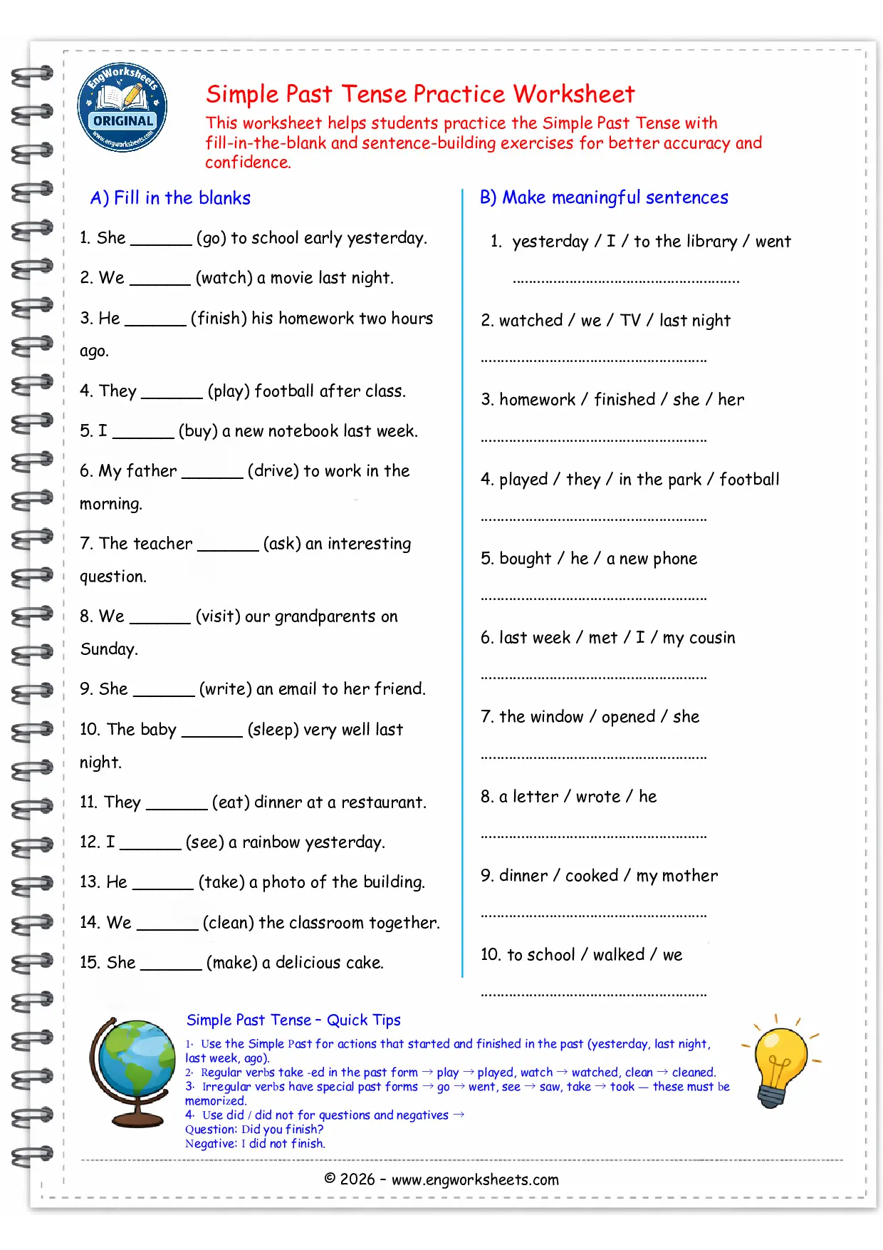 Simple Past Tense Exercises Worksheet for ESL Students Worksheet Preview