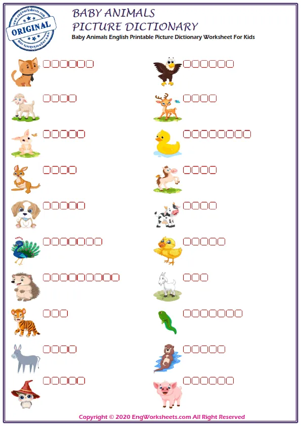 Baby Animals English vocabulary worksheet with full-page words Worksheet Preview