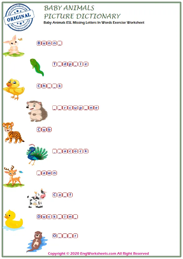Baby Animals English word search puzzle worksheet, type the words given in the puzzle. Worksheet Preview