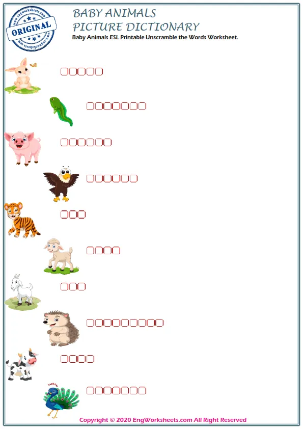 Baby Animals English crossword puzzle worksheet, write the appropriate words to the pictures given in the puzzle. Worksheet Preview