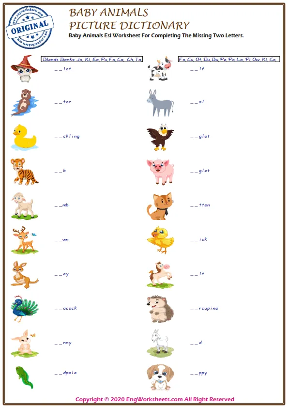 Baby Animals vocabulary worksheet with words, two images per page Worksheet Preview