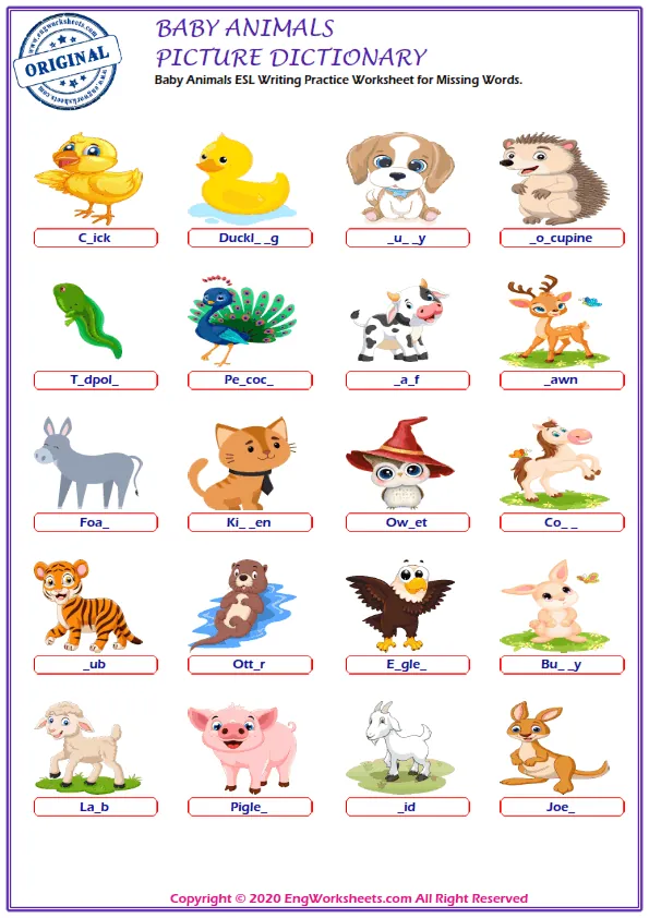 Baby Animals ESL Printable Picture Dictionary For Kids. Write the Words on the Word List. Worksheet Preview