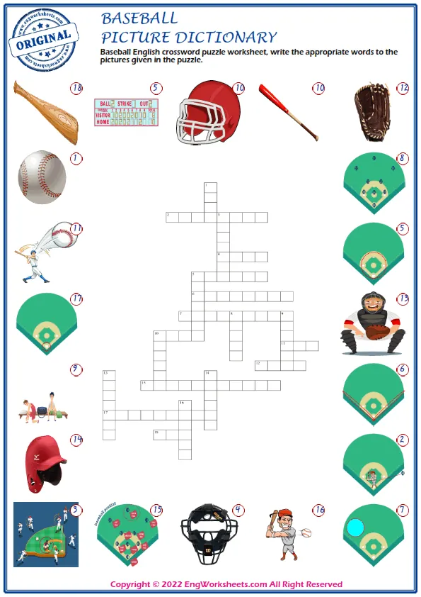 Baseball English crossword puzzle worksheet, write the appropriate words to the pictures given in the puzzle. Worksheet Preview