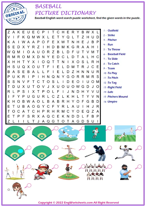 Baseball English word search puzzle worksheet, find the given words in the puzzle. Worksheet Preview