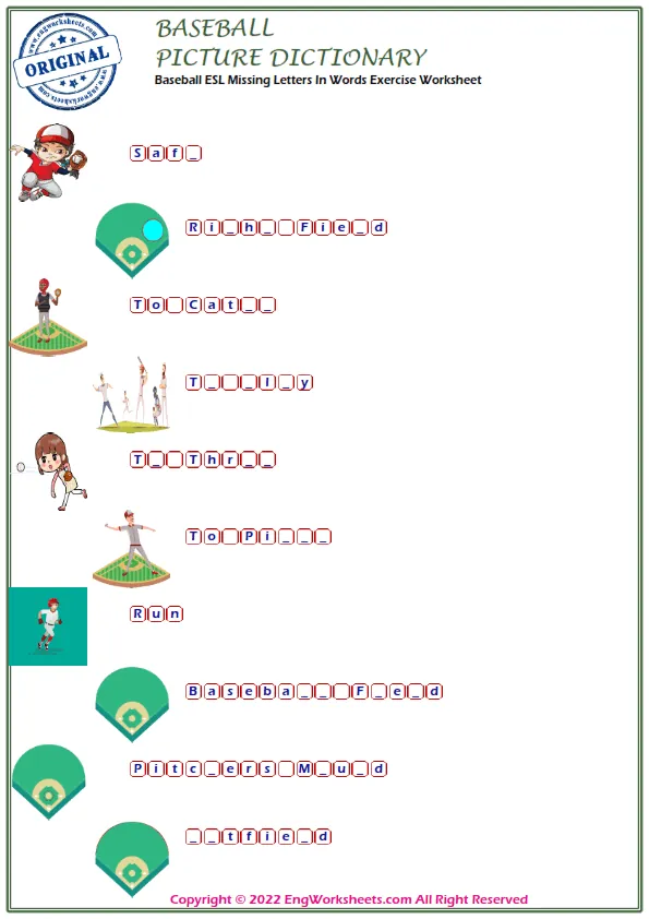 Baseball ESL Missing Letters In Words Exercise Worksheet Worksheet Preview