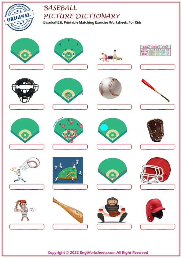 Baseball ESL Printable Matching Exercise Worksheets For Kids Worksheet Preview