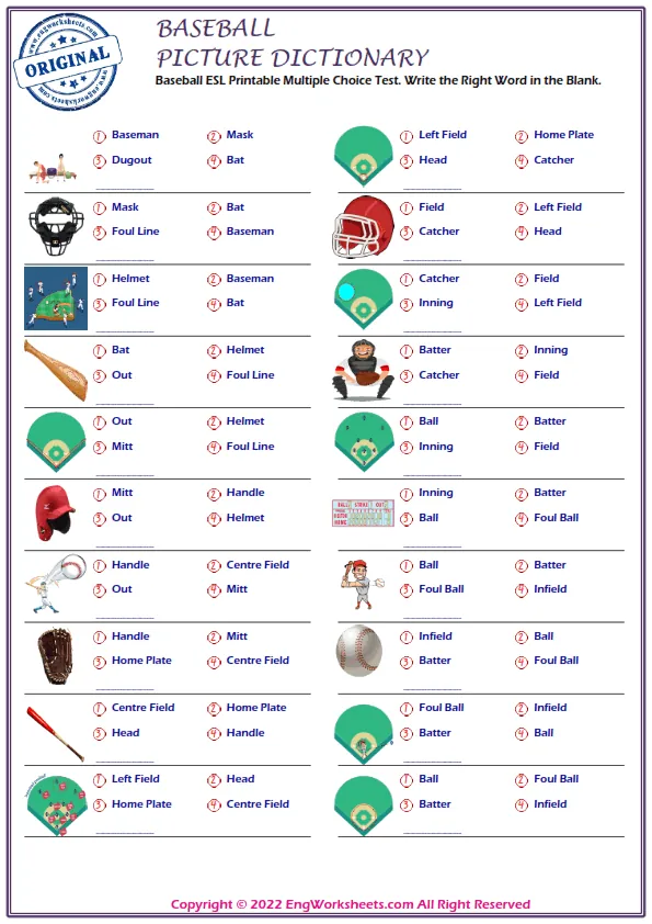 Baseball ESL Printable Multiple Choice Test. Write the Right Word in the Blank. Worksheet Preview