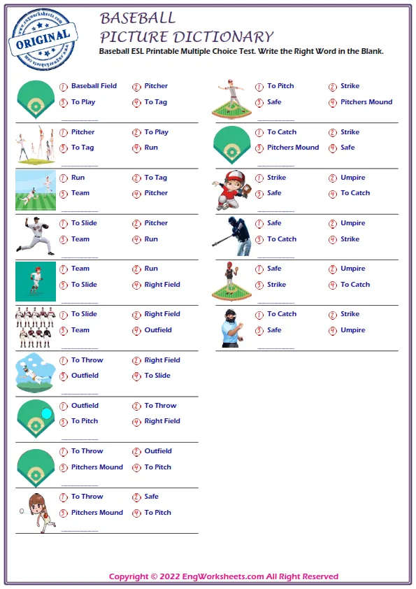 Baseball ESL Printable Multiple Choice Test. Write the Right Word in the Blank. Worksheet Preview