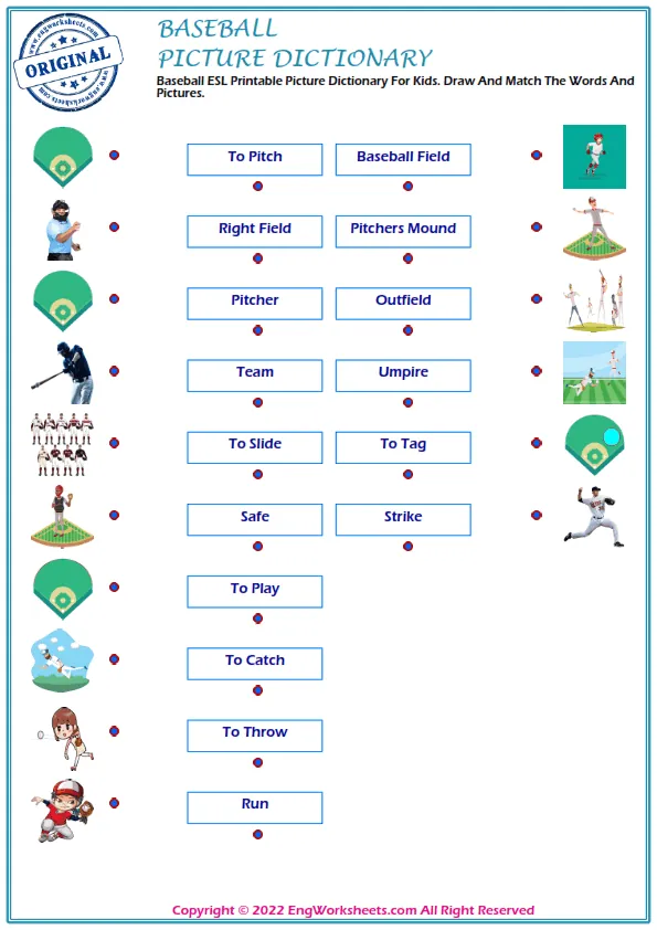 Baseball ESL Printable Picture Dictionary For Kids. Draw And Match The Words And Pictures. Worksheet Preview