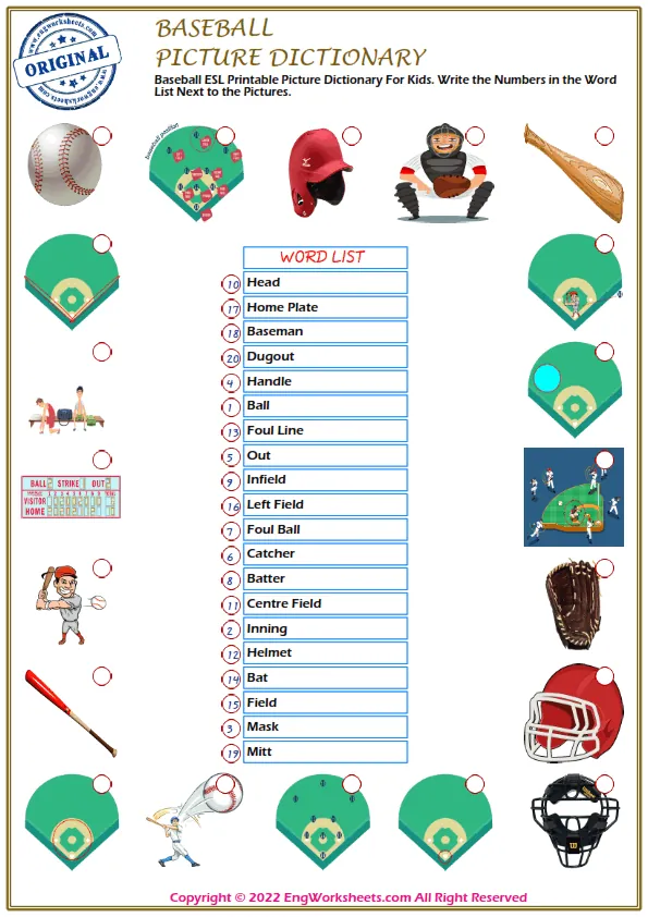 Baseball ESL Printable Picture Dictionary For Kids. Write the Numbers in the Word List Next to the Pictures. Worksheet Preview