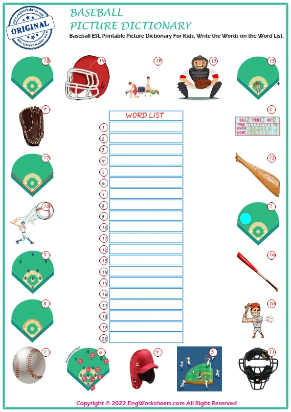 Baseball ESL Printable Picture Dictionary For Kids. Write the Words on the Word List. Worksheet Preview