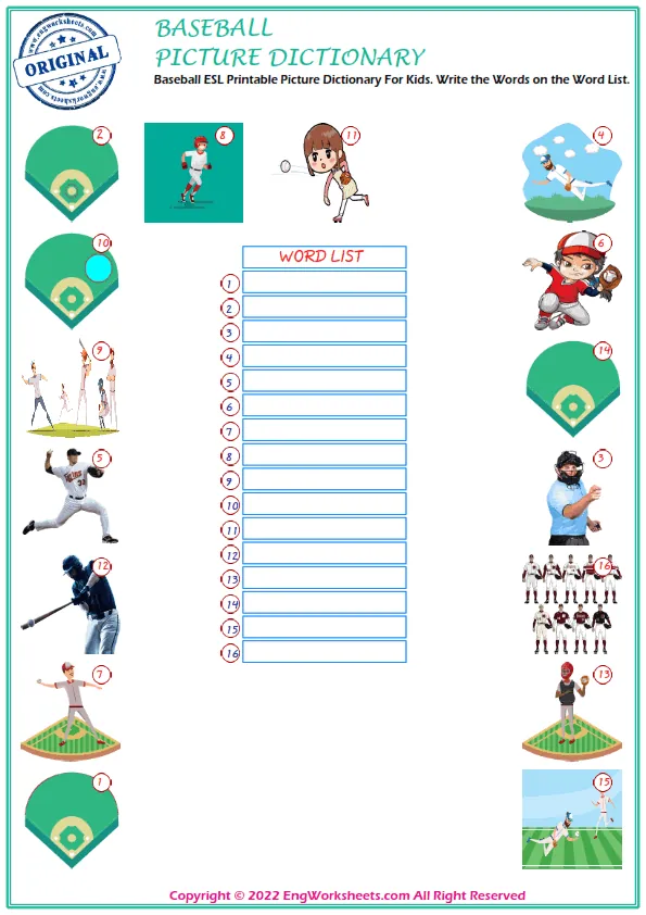 Baseball ESL Printable Picture Dictionary For Kids. Write the Words on the Word List. Worksheet Preview