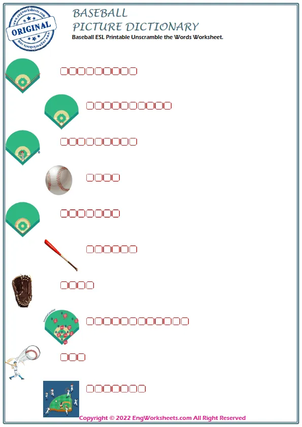 Baseball ESL Printable Unscramble the Words Worksheet. Worksheet Preview