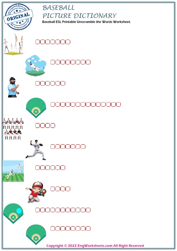 Baseball ESL Printable Unscramble the Words Worksheet. Worksheet Preview