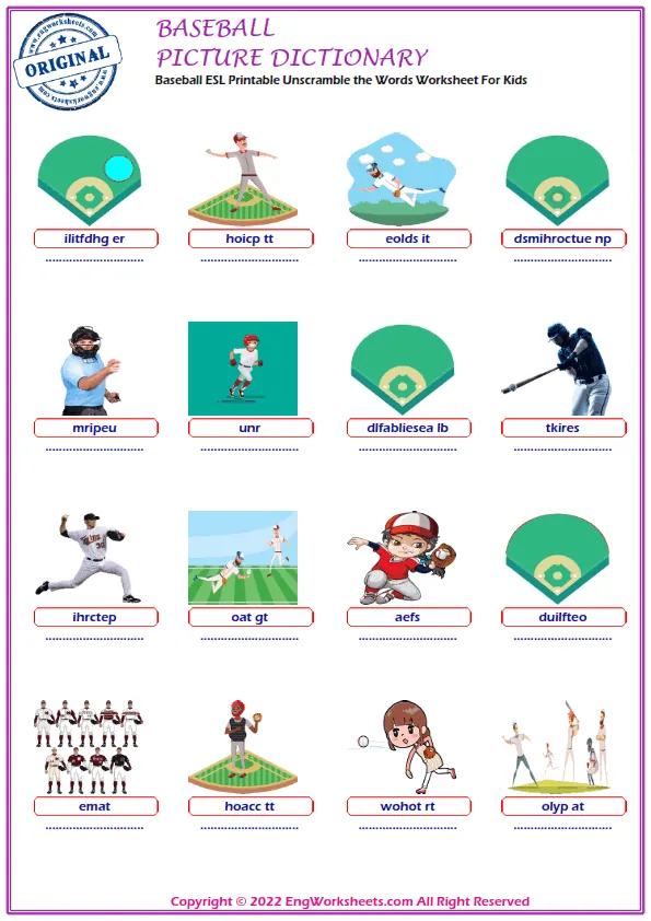 Baseball ESL Printable Unscramble the Words Worksheet For Kids Worksheet Preview