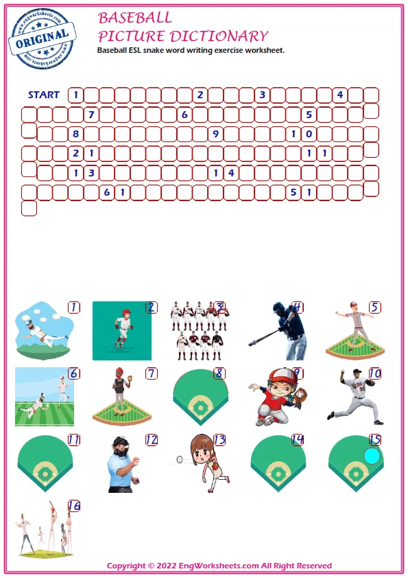 Baseball ESL snake word writing exercise worksheet. Worksheet Preview