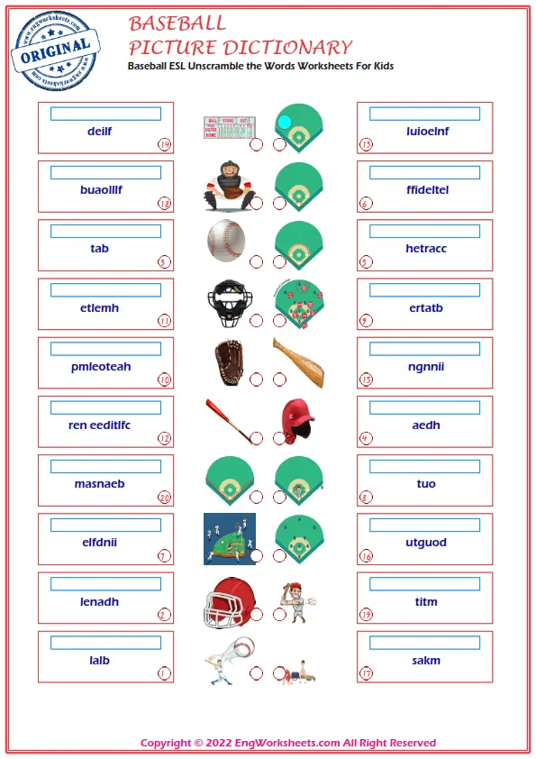 Baseball ESL Unscramble the Words Worksheets For Kids Worksheet Preview