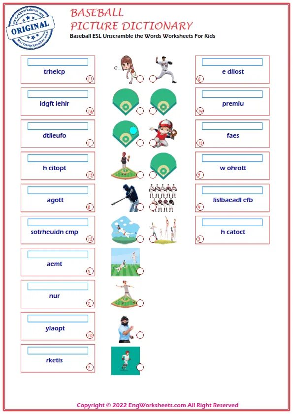 Baseball ESL Unscramble the Words Worksheets For Kids Worksheet Preview