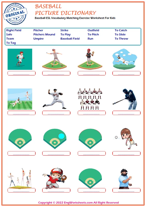 Baseball ESL Vocabulary Matching Exercise Worksheet For Kids Worksheet Preview