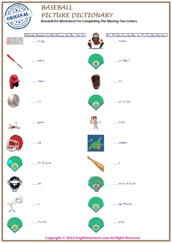 Baseball Esl Worksheet For Completing The Missing Two Letters. Worksheet Preview